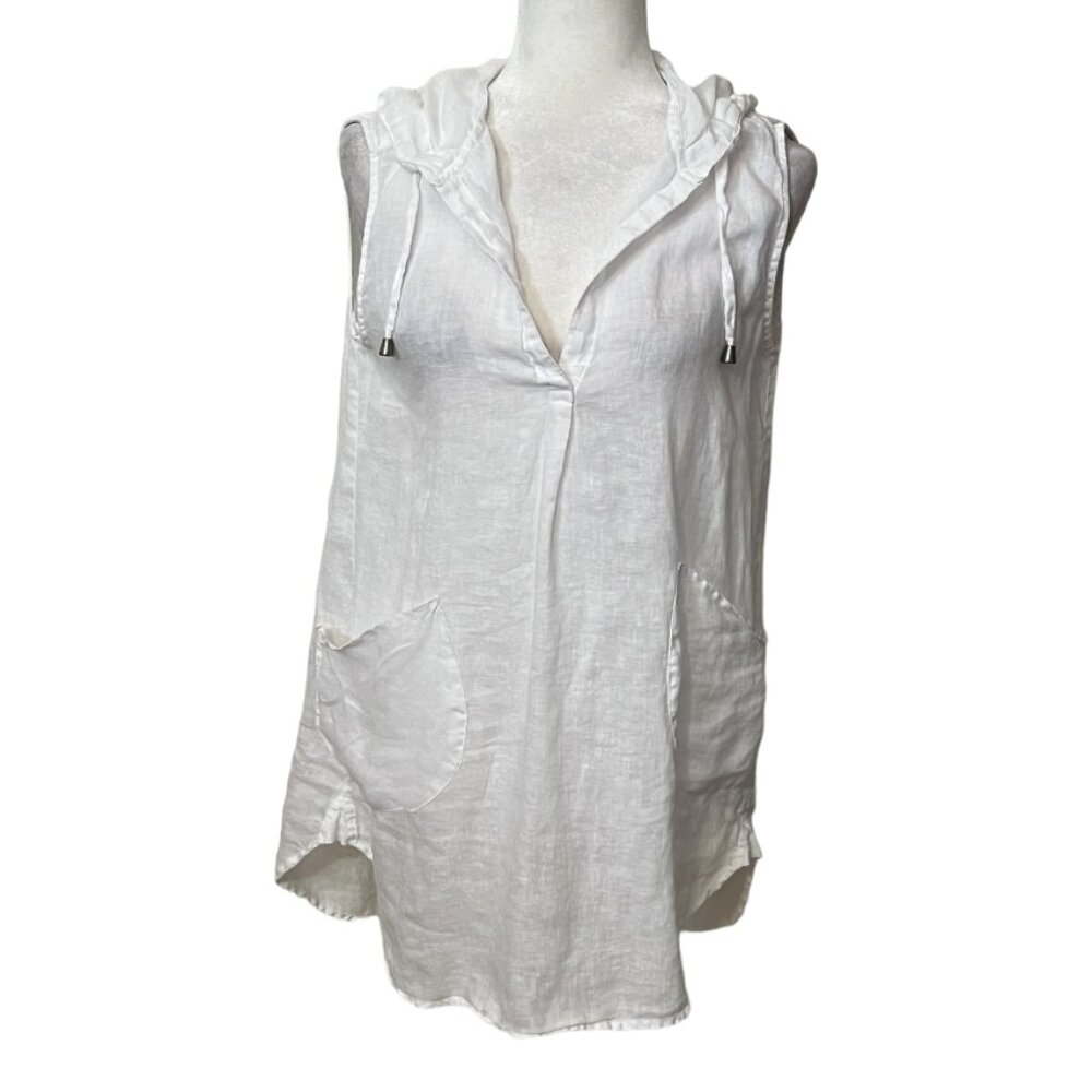 For Cynthia Linen Tunic Top Women White Sleeveless Beach Cover Up Minimal Small